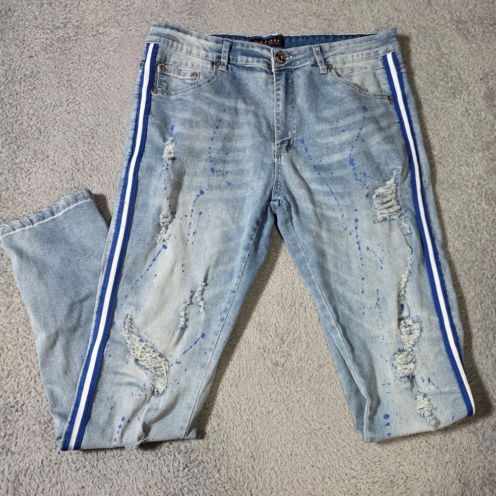 M.Society Mens 36x32 Distressed Jeans Light Wash Blue Paint Splatter Side Stripe